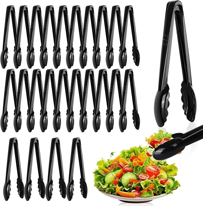 Mwellewm 12 Pc Serving Tongs 9 Inch Bulk Reusable or Disposable Plastic Tongs Heavy Duty Hard Plastic Serving Utensils Set Large Salad Tong for Kitchen Party Food Buffet Appetizer Catering(Black）