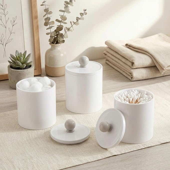 SheeChung 6 Pack White Acrylic Apothecary Jars - Shatterproof Qtip Holder Dispenser Set - Opaque Bathroom Vanity Organizer for Cotton Swabs,Balls,Pads - Modern Minimalist Decor(3*10oz,3*12oz)