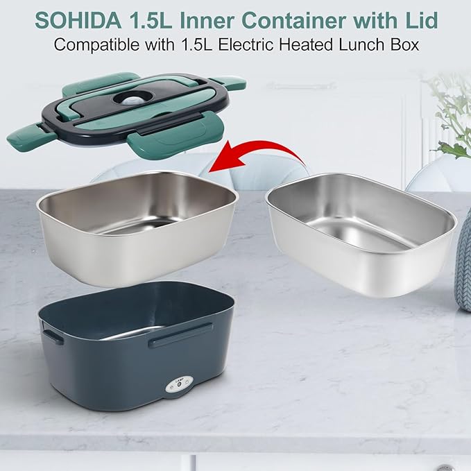 1.5L Stainless Steel Inner Container with Cover, Single Compartment, Removable Replacement Tray, Easy to Clean, Dishwasher Safe (Only for 1.5L Electric Lunch Box)