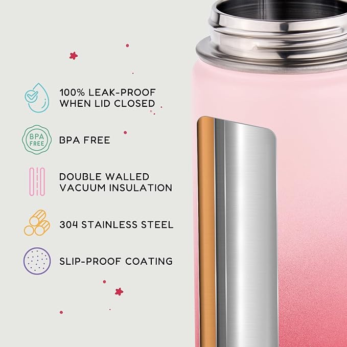 12oz Kids Water Bottle for School, Toddler Bottles with Straws, Stainless Steel Vacuum Insulated Water Bottle for Boys&Girls, Leak-Proof, BPA-Free, Cherry