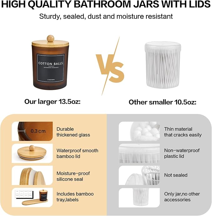 3 Pack Qtip Holder Bathroom Set with Tray,13.5oz Cotton Round Ball Pad Holder Cotton Swab Floss Pick Dispenser,Glass Apothecary Jars Canisters with Lids,Bathroom Organizers and Storage Container-Amber
