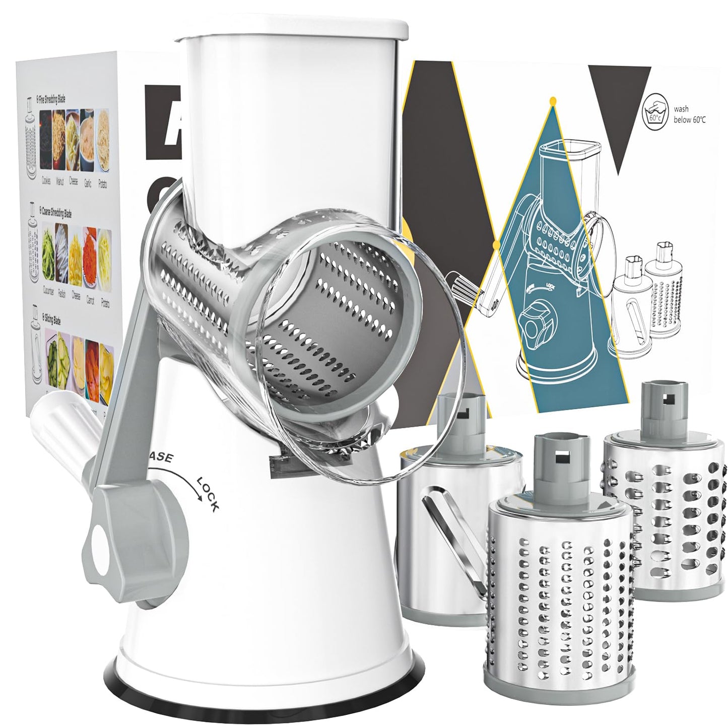 Cambom Rotary Cheese Grater Hand Crank Cheese Shredder for Fresh Cheese, Vegetable, Nuts,Non-slip Suction Base，Three Blades,Blue