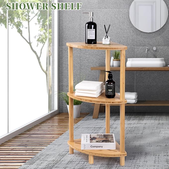 Corner Shower Caddy Stand, Bamboo Shower Organizer Standing with Anti-Slip Feet, Bathroom Corner Shelf,Waterproof & Durable, Space-Saving Design Storage for Kitchen or Living Room