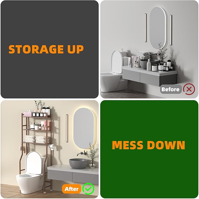 3-Tier Over The Toilet Storage, Space Saver Metal Bathroom Shelves, Freestanding Above Over Toilet Storage Shelf with 4 Hooks for Bathroom, Bronze