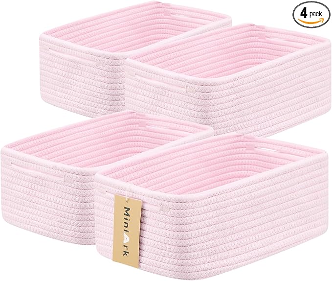 Small Storage Baskets for Organizing | Closet Organizer Bins | Shelf Toy Basket | Woven Rope Baskets | Cube Decorative Box | Shallow Basket | 13x8.5x5.1” | 4 Packs Light Pink