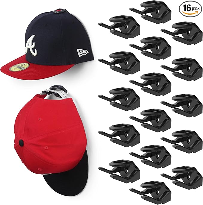 Modern JP Adhesive Hat Hooks for Wall (16-Pack) - Hat Rack for Baseball Caps, Minimalist Hat Display, Strong Hold Hat Hangers for Wall - USA Patented, Black