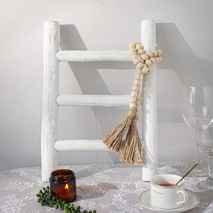 FUIN Fully Assembled Wooden Tea Towel Ladder, Mini Ladder Towel Rack Display Hanger, Small Rustic Farmhouse Tea Towel Stand Holder for Country Bathroom Decor, White