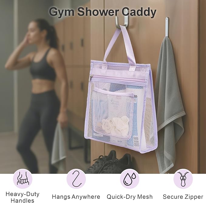 F-color Mesh Shower Caddy Portable Hanging - 3 Pockets Small Shower Bag Tote for Camping, Gym, Travel, Toiletry, Quick Dry Bathroom Essentials with S Hook, Purple