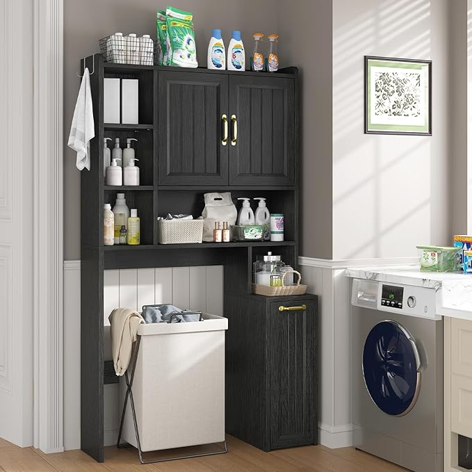 Over The Toilet Storage Cabinet with Pulley, Bathroom Cabinet, Space Saver W/Adjustable Shelf Rack for Bathroom, Restroom, Laundry (Black-Type A)