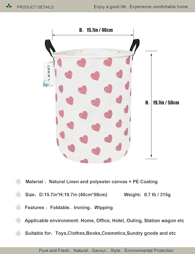Round waterproof laundry basket,foldable storage basket,laundry Hampers with handle,gift basket,suitable for children's room and toy storage (Pink Hearts)