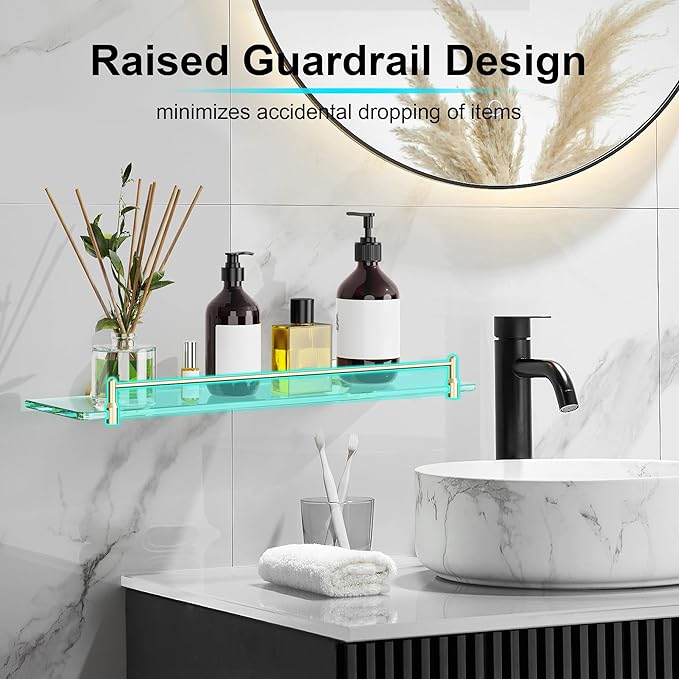 20 Inches Glass Shelves for Bathroom, Brushed Gold Floating Glass Shelf Stainless Steel Tempered Glass Bathroom Shelves for Wall Mount Modern