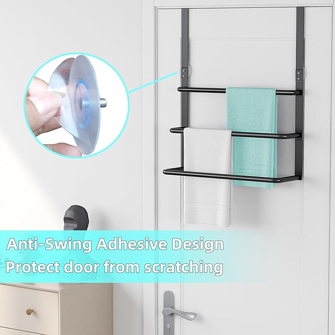Over The Door Towel Rack, 304 Stainless Steel Towel Rack, 3 Tier Towel Bar for Hanging Towels, 16 Inch Over Door Towel Storage Holder for Bathroom, Matte Black