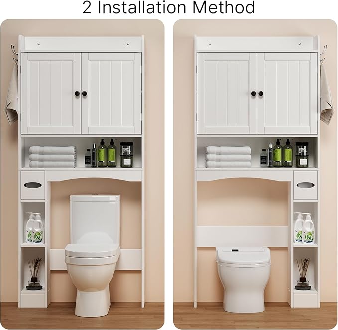 Ahomly Over The Toilet Storage Cabinet, 32.3" W Over Toilet Bathroom Organizer with Doors, Adjustable Shelves, Toilet Paper Holder, 2 Side Hooks, Space-Saver for Bathroom, Laundry, White