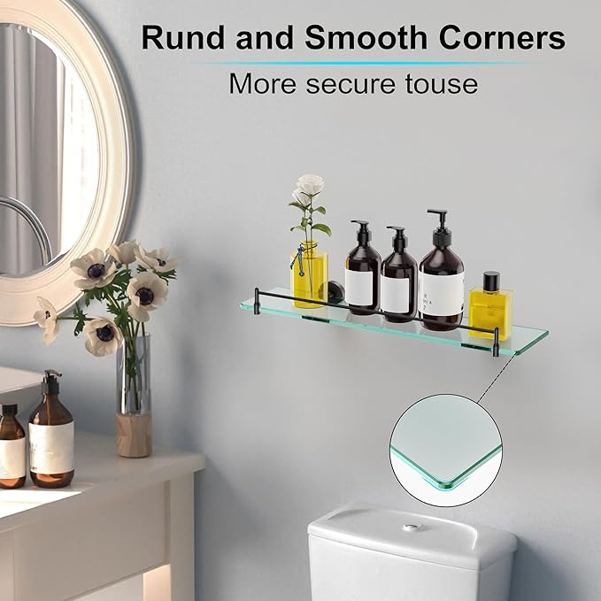 20 Inches Glass Shelves for Bathroom, Matte Black Floating Glass Shelf Stainless Steel Tempered Glass Bathroom Shelves for Wall Mount Modern