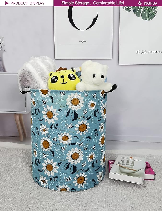 Laundry Hamper Large Canvas Fabric Lightweight Storage Basket/Toy Organizer/Dirty Clothes Collapsible Waterproof for College Dorms, Boys and Girls Bedroom,Bathroom (Sunflower)