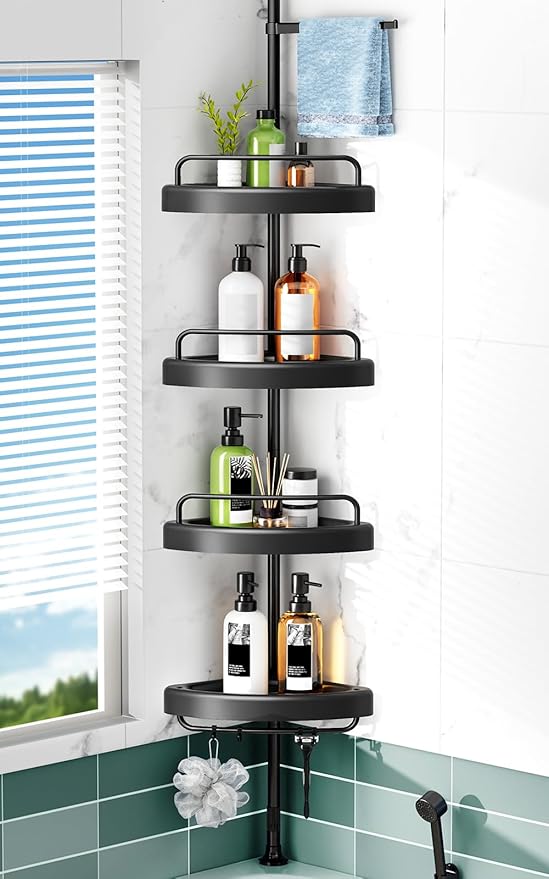 HAMITOR Corner Shower Caddy Tension Pole: 4 Tier Shampoo Storage Organizer for Inside Shower - Telescoping Rod Shower Rack for Bathroom and Bathtub - Restroom Floor Standing Bath Rack Holder Black