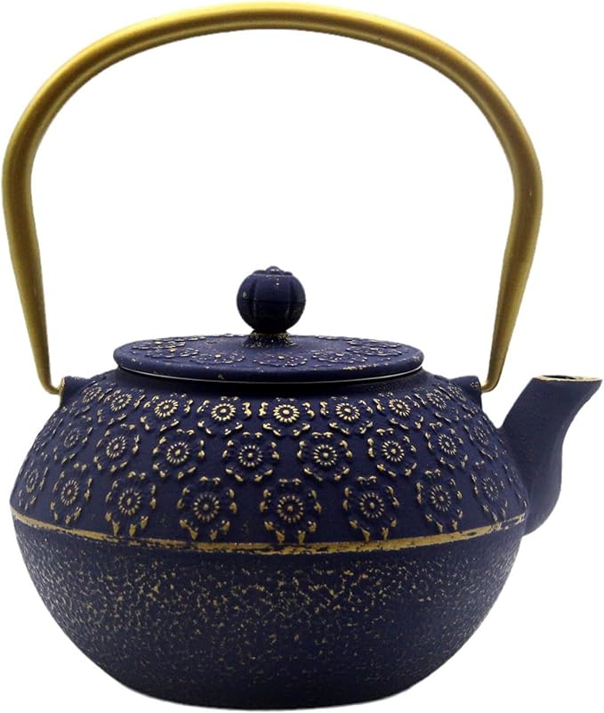 YJX Cast Iron Teapot and Tea Cups Set, 33.8oz Hexagon Pattern Tea Set with Cups and Cup Mats, Enameled Tea Kettle for Stovetop, Durable Tea Pot Set with Stainless Steel Infuser for Loose Leaf