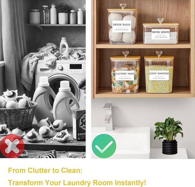 3 Pack Plastic Laundry Pods Container & Dryer Sheet Holder with Lids, Labels & Scoops - Laundry Powder Container for Laundry Room Organization and Storage