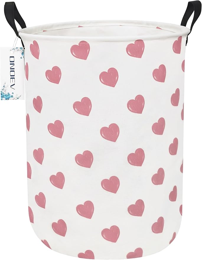 Round waterproof laundry basket,foldable storage basket,laundry Hampers with handle,gift basket,suitable for children's room and toy storage (Pink Hearts)