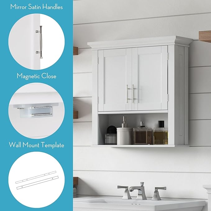 RiverRidge Somerset Two-Door Bathroom and Laundry Wall Mount Storage Medicine Cabinet with Open and Adjustable Shelf - White | Two-Door, Wall Mount, Storage, Open, Adjustable Shelf