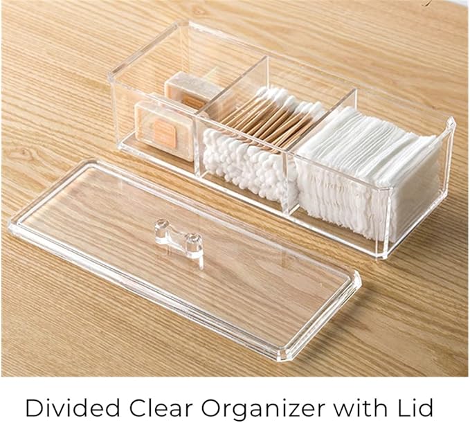 UTTH-DTTK Clear Cotton Ball and Swab Holder 3 Divided Compartments with Lid, , Waterproof Bathroom Organizers Small Plastic Storage Containers, Vanity Makeup Organization (A)