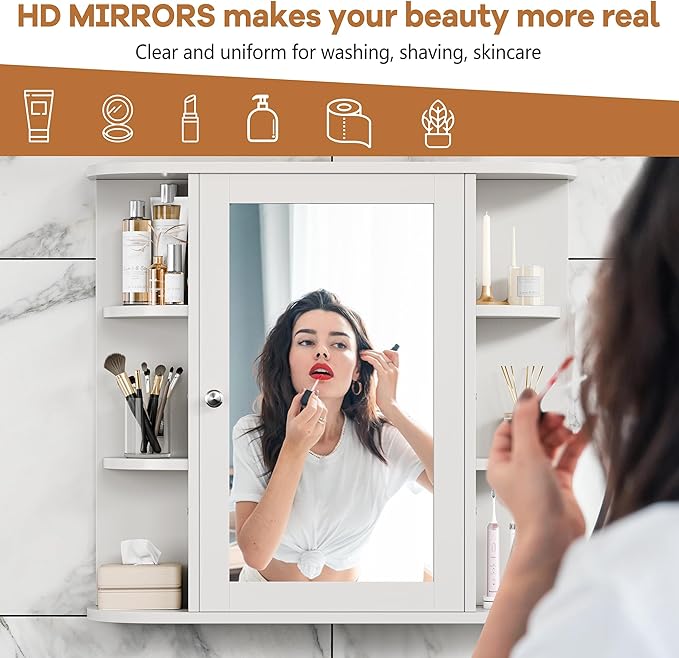 Meilocar Bathroom Medicine Cabinet, Bathroom Mirror Cabinet Wall Mounted with 6 Side Open Shelves, White Wall Cabinet with Mirror, White