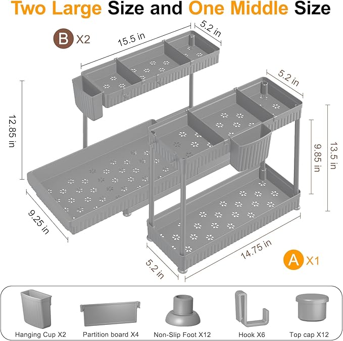 3 Pack Multi-Purpose Under Sink Organizers and Storage, 2026 L-Shaped Pull Out Cabinet Organizer for Bathroom & Kitchen, Under Cabinet Organizer with Hooks Hanging Cup, Grey