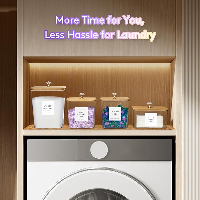 4 Pack Laundry Pod Containers and Dryer Sheet Holder for Laundry Room Organization Acrylic Jars with Lids and Labels for Laundry Detergent Laundry Pods Dry Sheet Organizing