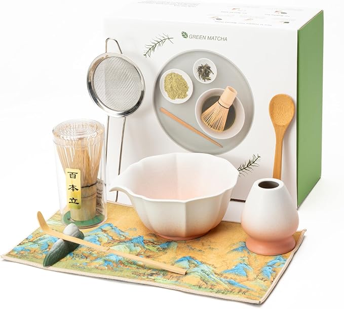 Matcha Whisk Set, Matcha Bowl with Spout, 8PCS Matcha kit, Matcha Whisk and Bowl, Matcha Chasen, Bamboo Scoop, Scoop Rest, Sifter and Tea Towel, Gifts and Ceremony Set for Macha Lovers.(Gradient)