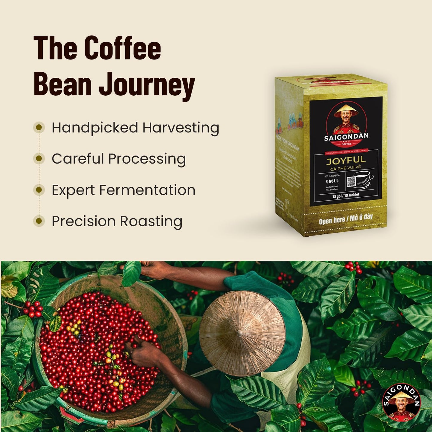Joyful Pour Over Vietnamese Coffee – Saigondan Single Serve Coffee Sachets | Medium Roast 100% Arabica Bourbon | Instant Specialty Coffee for Travel & Camping | Notes of Orange Blossom (18 Sachets)
