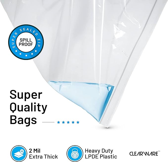 12 Large Storage Bags With Zipper Top - 5 Gallon Bags 18" x 24", Extra Large Plastic for Clothes, Travel, Moving, Large Reusable freezer bags, BPA-Free, 2-mil Thick