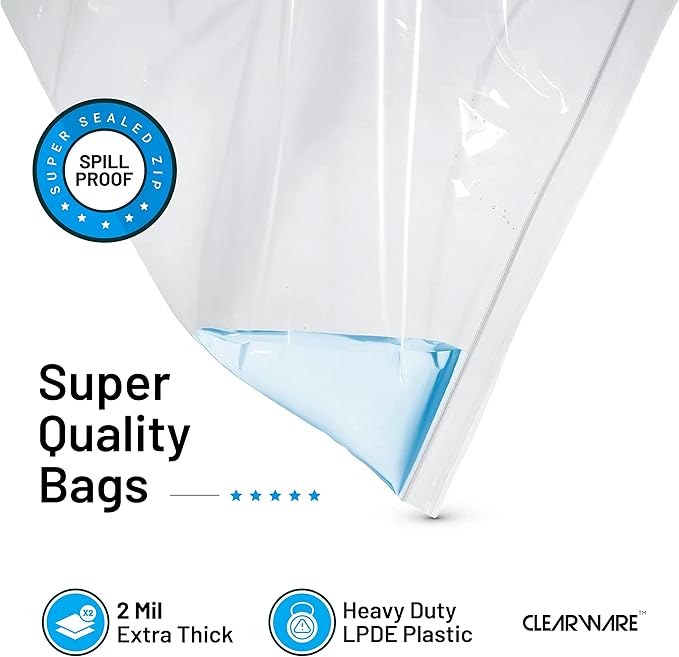 50 Large Storage Bags With Zipper Top - 5 Gallon Bags 18" x 24", Extra Plastic for Clothes, Travel, Moving, Reusable freezer bags, BPA-Free, 2-mil Thick