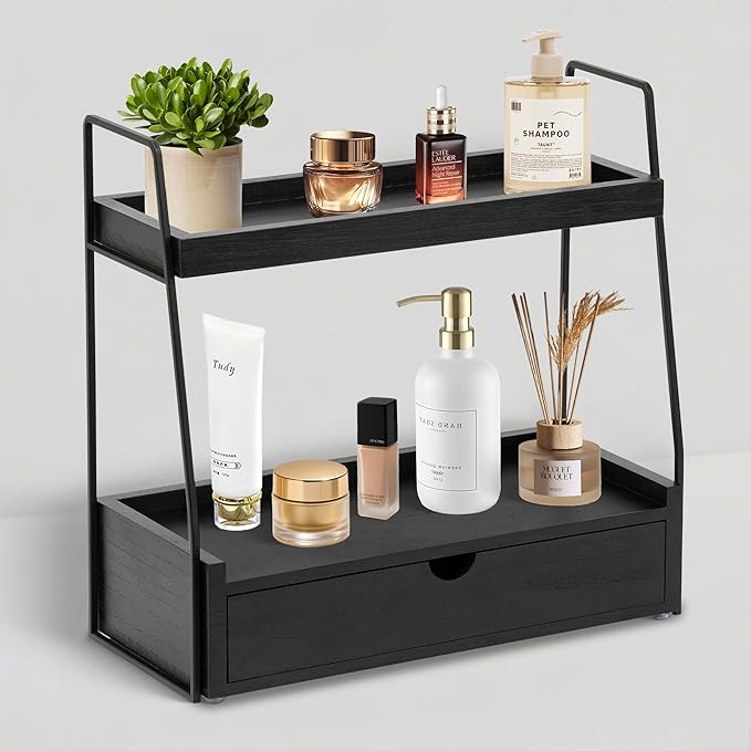 2-Tier Bathroom Organizer Countertop with Drawer, Wood Counter Organizer for Bathroom Decor, Sink Shelf for Vanity Storage, Makeup Tray for Perfume Skincare Bedroom Kitchen Corner