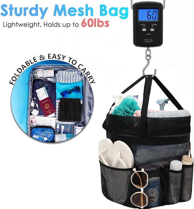 Mesh Shower Caddy Portable with Drawstring, Dorm Room Essentials for College Girls Guys, 8-Pocket Large Shower Bag Basket Tote for Camping Beach Gym Travel Toiletry Bathroom