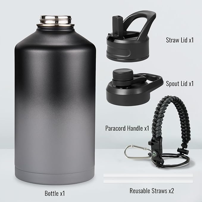 Gallon Water Bottle with 2 Lids (Straw & Spout), 304 Stainless Steel Water Jug with Handle and Wide Mouth, 1 Gallon Vacuum Double Walled Jug for Sports, Outdoors, Black/Gray, 128 oz
