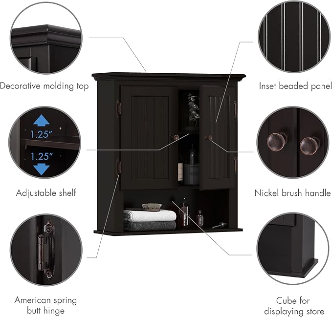 UTEX Bathroom Cabinet Wall Mounted, Wood Hanging Cabinet, Wall Cabinets with Doors and Shelves Over The Toilet, Espresso