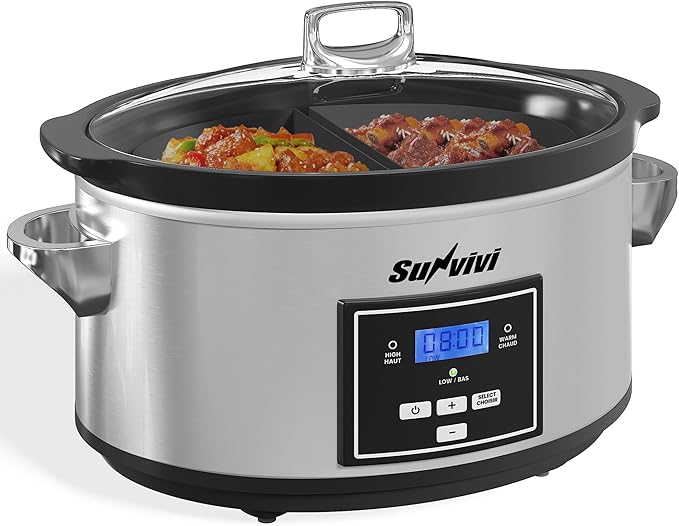 Sunvivi 4 Quart Slow Cooker & Mini Food Warmer with 3 Heating Settings, Removable Ceramic Pot, Dishwasher Safe Glass Lid, Stainless Steel, Blue