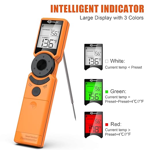 Thermochef Digital Meat Thermometer for Grill, Instant Read Food Thermometers for Cooking with Food Doneness Guide, Calibration and LCD Backlight Screen, High Accuracy ±1% ℉, BBQ Beef Candy Orange
