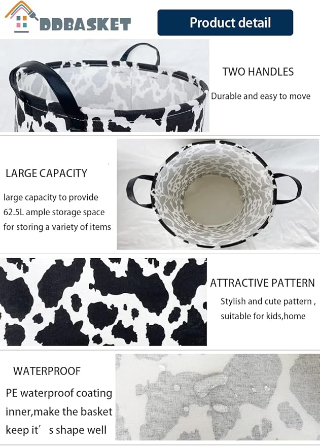 Cow Print Laundry Basket Baby Nursery Clothes Hamper Collapsible Toy Storage Bin Organizer with Handles for Kids,Boys and Girls Room Decor(Cow)
