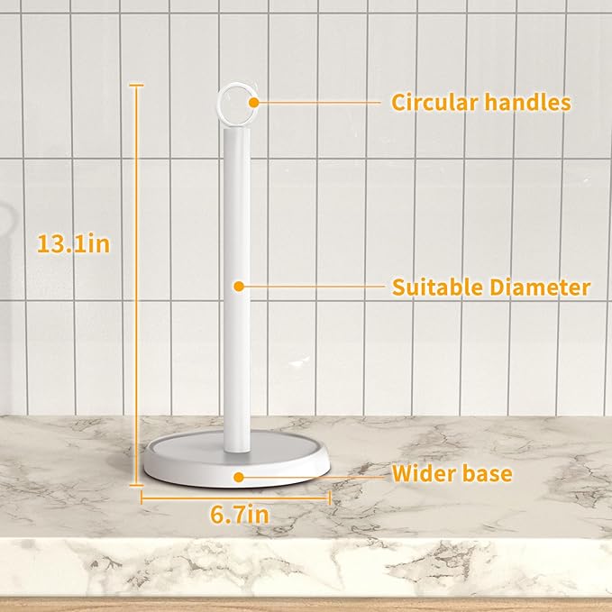 White Paper Towel Holder Countertop, White Kitchen Accessories Decor, Stainless Steel, Paper Towel Holder Stand for Bathroom Farmhouse Essentials, Weighted Base, Anti-Slip