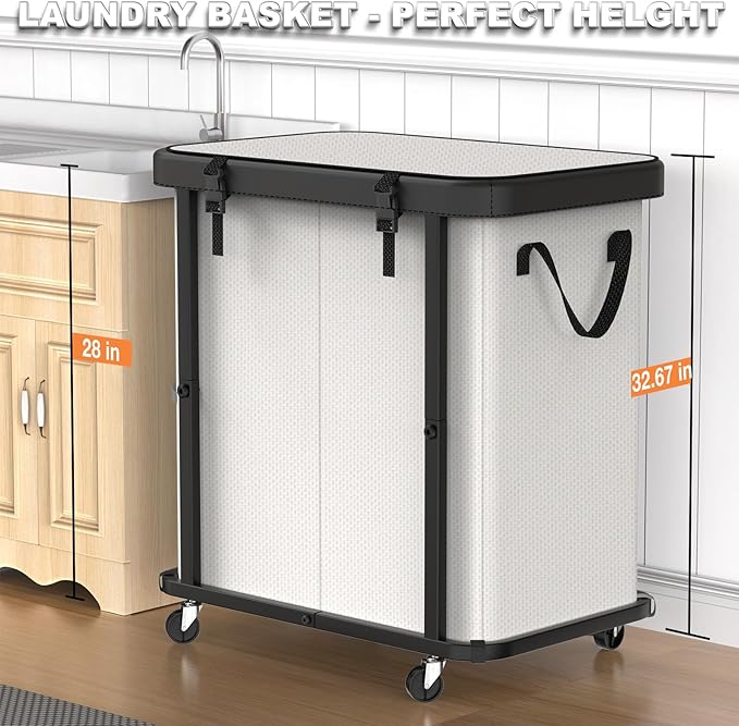 190L (50 Gal) Large Fashion Laundry Basket with Wheels, Leather Patchwork Rolling Hamper Carts, Sturdy Metal Frame, Removable Washable Bag, Tall Clothes Sorter for Bedroom, Laundry Room - Beige