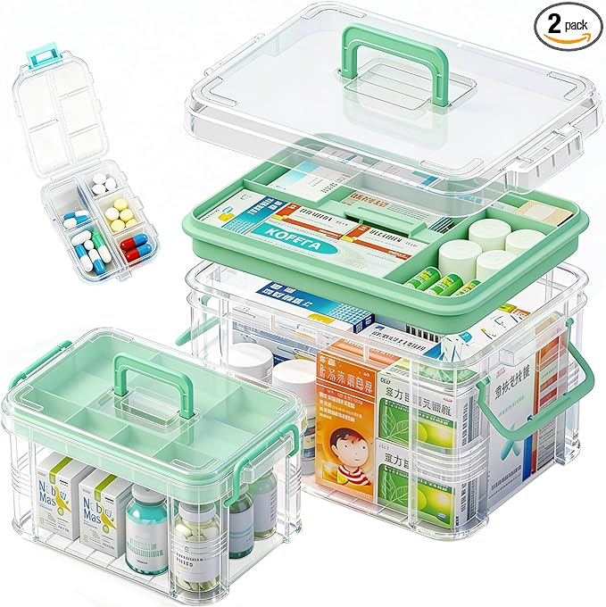 2 Pack Clear Medicine Organizer Storage Box with Tray, Portable Medicine Cabinet with Handle, Plastic First Aid box Empty with pill case for home and travel