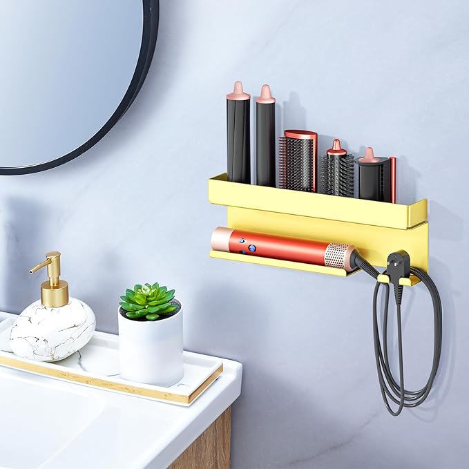 Storage Hair Dryer Holder for Curling Iron Accessories, Hair Tool Organizer Wall Mount, Curling Iron Holder, Bathroom Hair Straightener Holder Stand for Styler Attachments Organizer, Gold