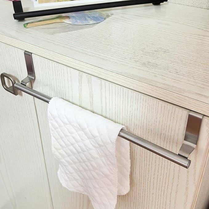 Mziart Kitchen Towel Holder, 2 Pack Over The Door Towel Rack, Over Cabinet Door Towel Bar Stainless Steel Dish Washcloth Hanger, EVA Foam Protective Pad & Non-Slip Self-Adhesive Blocks (14 Inch)
