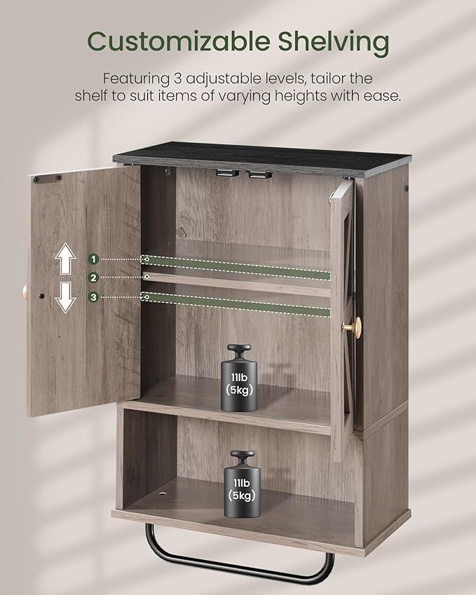 Bathroom Wall Cabinet, Medicine Cabinet with Open Partition and Towel Bar, Rustic Storage Cabinet with Open and Hidden Storage Space, for Bathroom, Living Room, Greige and Charcoal Black