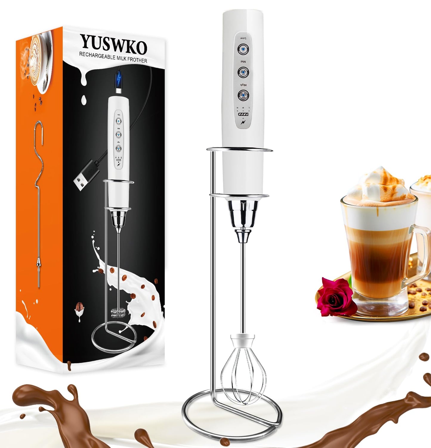 YUSWKO Handheld Milk Frother Wand for Coffee, Rechargeable Electric Whisk with 3 Heads 3 Speeds Drink Mixer Coffee Frother For Latte, Cappuccino, Hot Chocolate, Egg, Beige