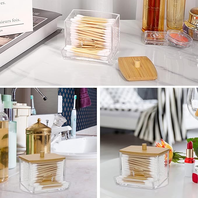 Hipiwe Acrylic Q-Tip Holder with Lid - Clear Q-Tips Dispenser Bathroom Containers Canister Cotton Swab Holder Bathroom Countertop Storage Organizer for Q-tip Cotton Swab