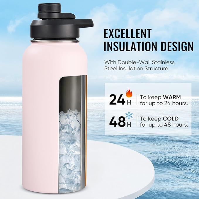 32 oz Insulated Water Bottle with Handle, 304 Stainless Steel Water Bottles with Wide Mouth, Double Wall Vacuum Sports Water Bottle, BPA Free, Keep Cold and Hot, Pink