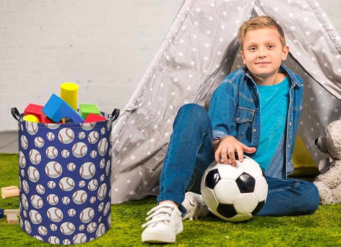 HIYAGON Baseball Kids Laundry Hamper, Large, Cotton & Linen, Waterproof PE Coating, Collapsible, Multi-purpose, Dinosaur Pattern