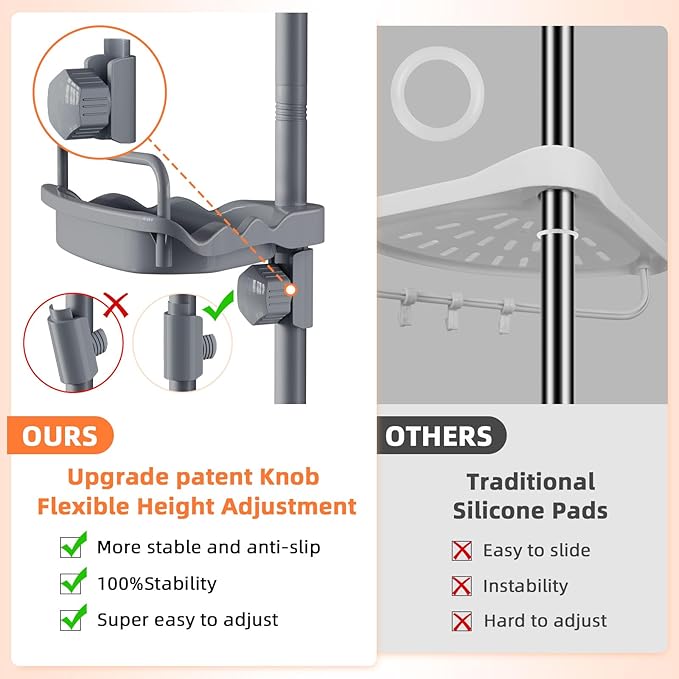 32-122inch Corner Shower Caddy Tension Pole Grey, Rustproof Drill-Free Shower Shelves for Bathroom Bathtub Washbasin, Adjustable Shower Organizer with 4 Tier Patent Stable Shelves & Towel Bars